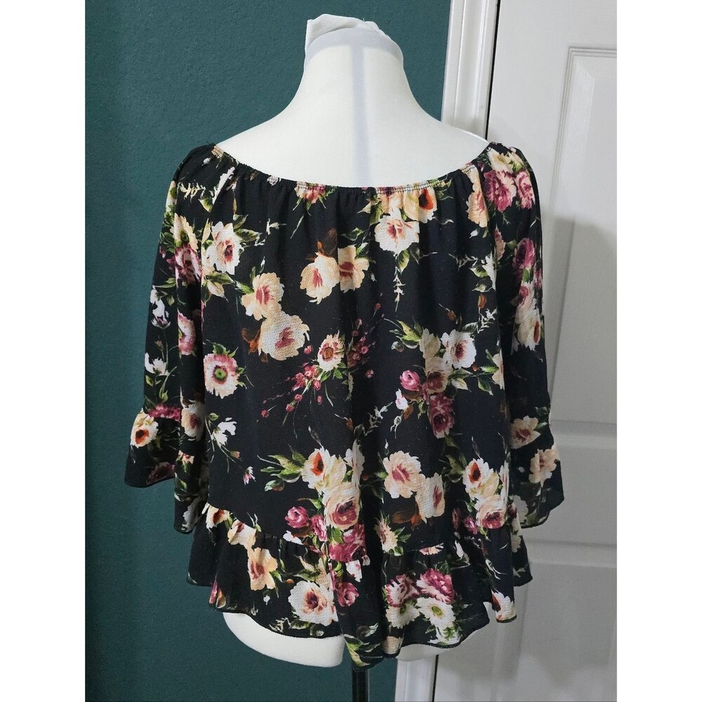 Floral Off Shoulder Peasant Blouse Top Free Kisses Black Size M Whimsigoth Boho - Picture 5 of 9